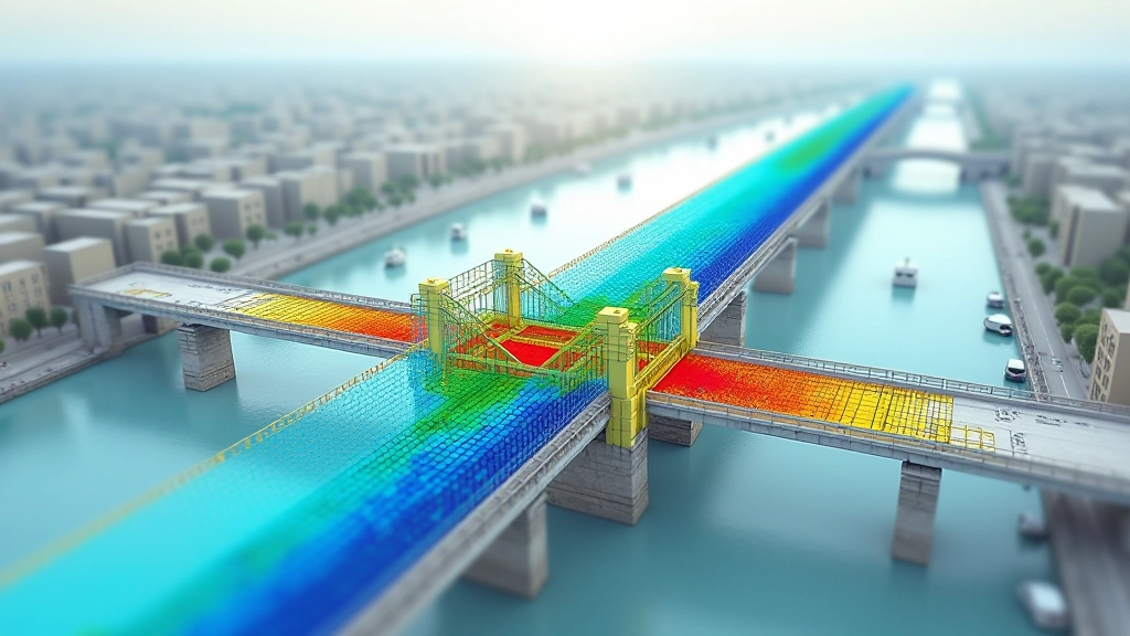 Modello tridimensionale di un ponte con analisi delle sollecitazioni evidenziate in colori che variano da blu a rosso