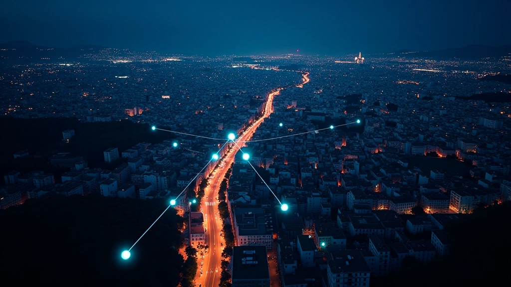 Veduta aerea di Palermo di notte con sovrapposizione di rete dati e punti luminosi che rappresentano sensori e nodi di monitoraggio