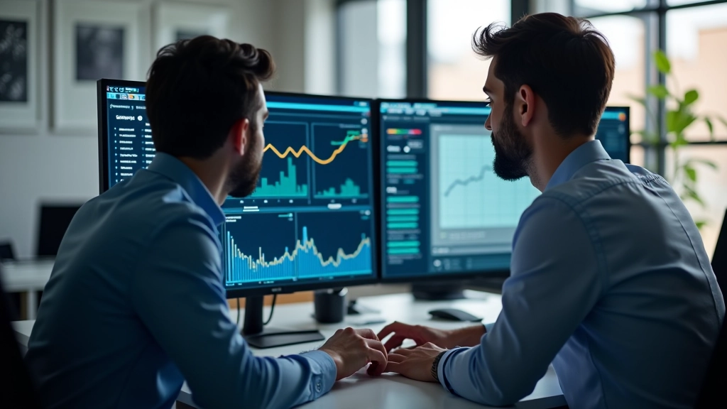 Analista dati che esamina metriche di sensori IoT su schermo, interfaccia software di analisi predittiva, grafici temporali e anomalie evidenziate