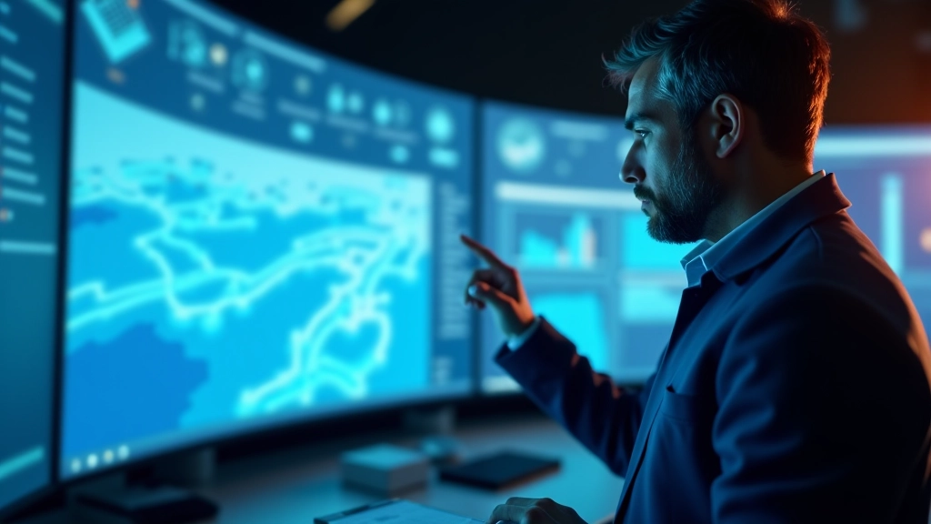 Ingegnere che analizza il modello 3D della rete idrica su un grande monitor in una sala di controllo moderna