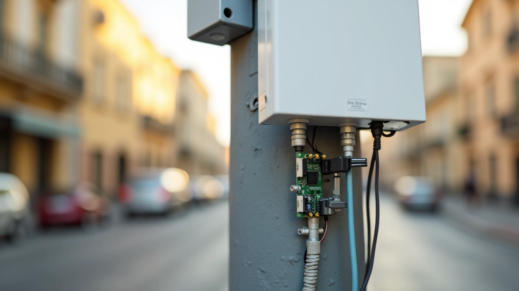 Installazione di sensori IoT LoRaWAN su palo infrastrutturale, modem wireless e antenne di trasmissione dati, cavi di alimentazione e connessione
