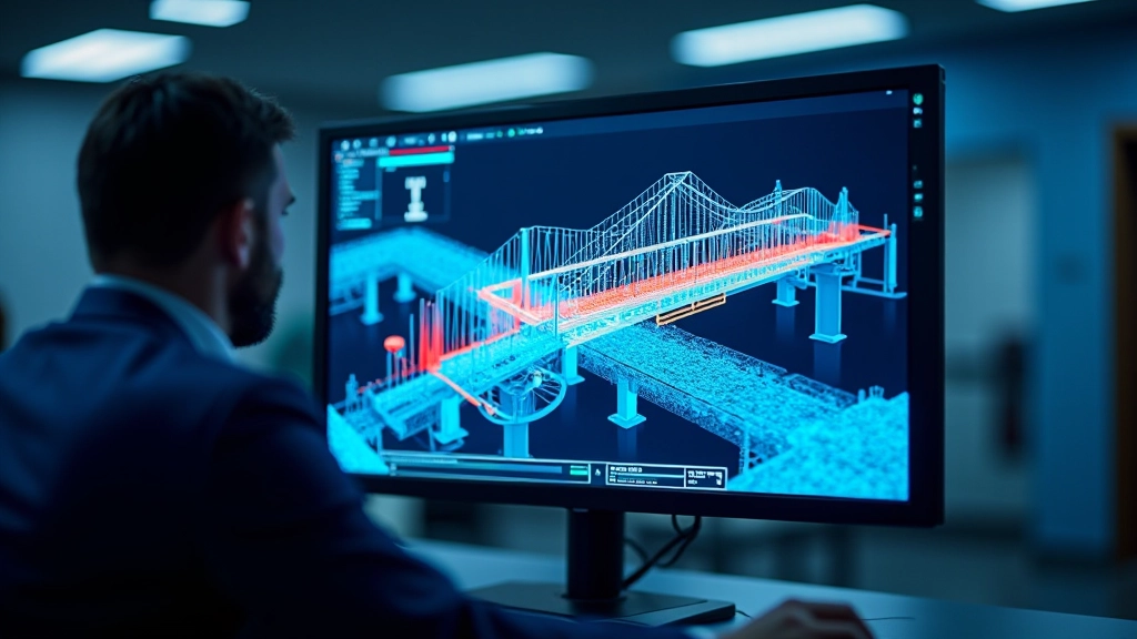 Schermo di visualizzazione mostrando il modello BIM 3D di un ponte con evidenziazione delle aree critiche in rosso