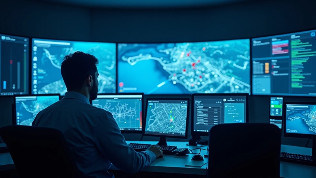 Centro di controllo urbano moderno con operatori che monitorano dashboard e mappe in tempo reale